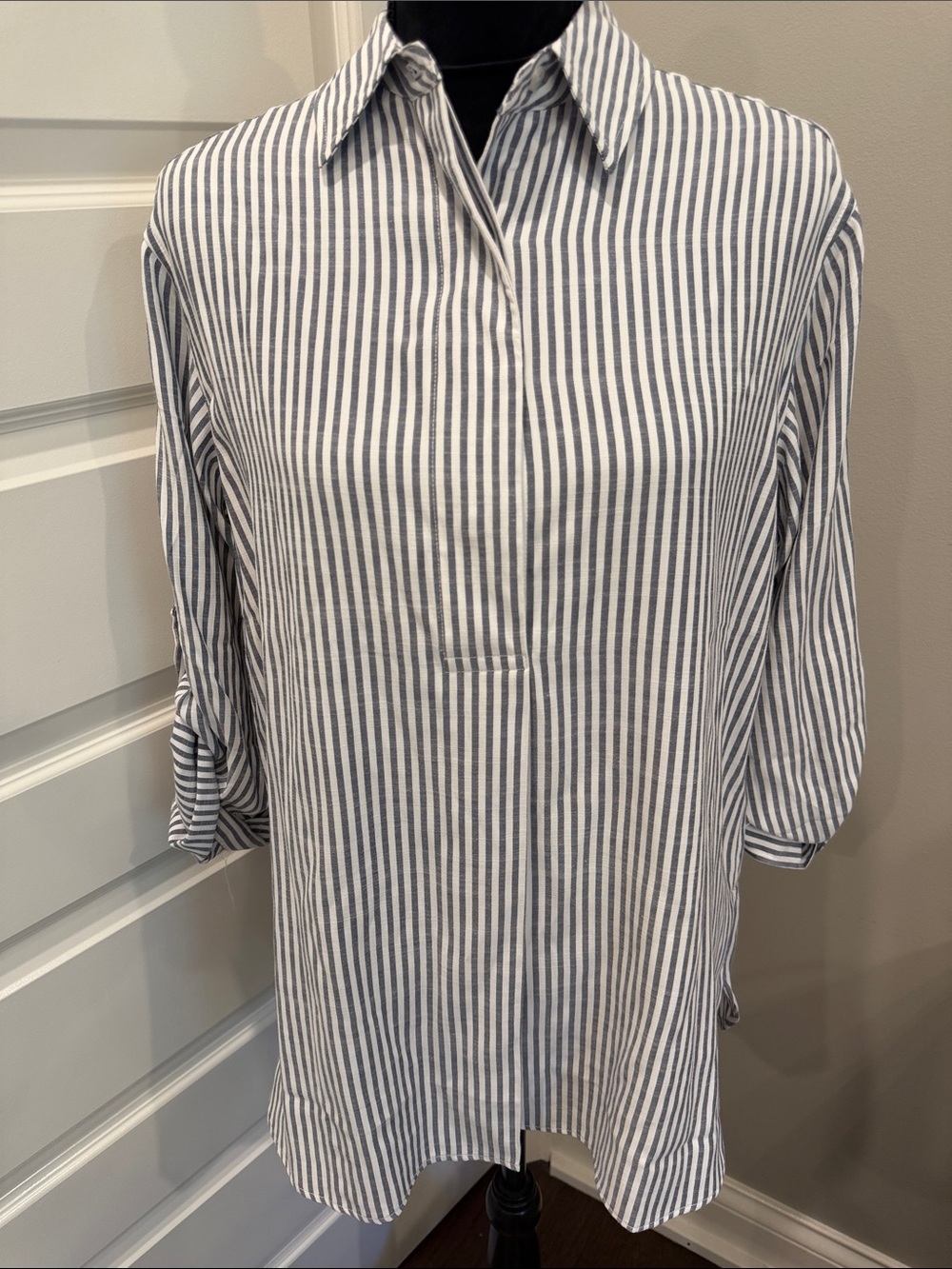 Women’s Blue and White Striped Button-Down Tunic Shirt